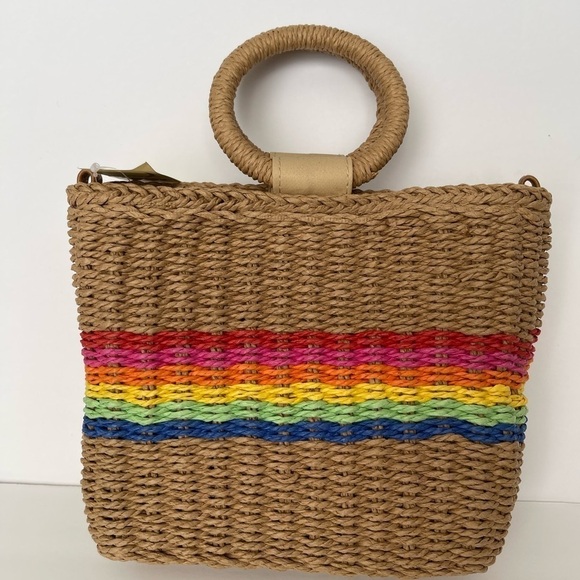 Mini Straw Handbag Rainbow Round Handles Woven Kaleidoscopic - Picture 2 of 7